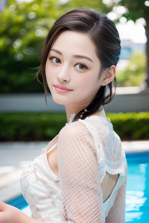 a Close-up portrait of gorgeous smiling cute Japanese woman in a glamorous Fishnet dress outfit, delicate facial features, porcelain-skinned, ponytail, a fusion of young Marion Cotillard's striking eyes and young Anne Hathaway's introspective gaze, long and slender cute face, curved eyebrows, droopy hooded eyes, lower nasal bridge, slim wavy nose, smiling, thin lips, short pixie cut hair, silhouette, bokeh, outstretched right hand to pointing at the viewer, skylight atrium pool background, depth of field, photo, film,
