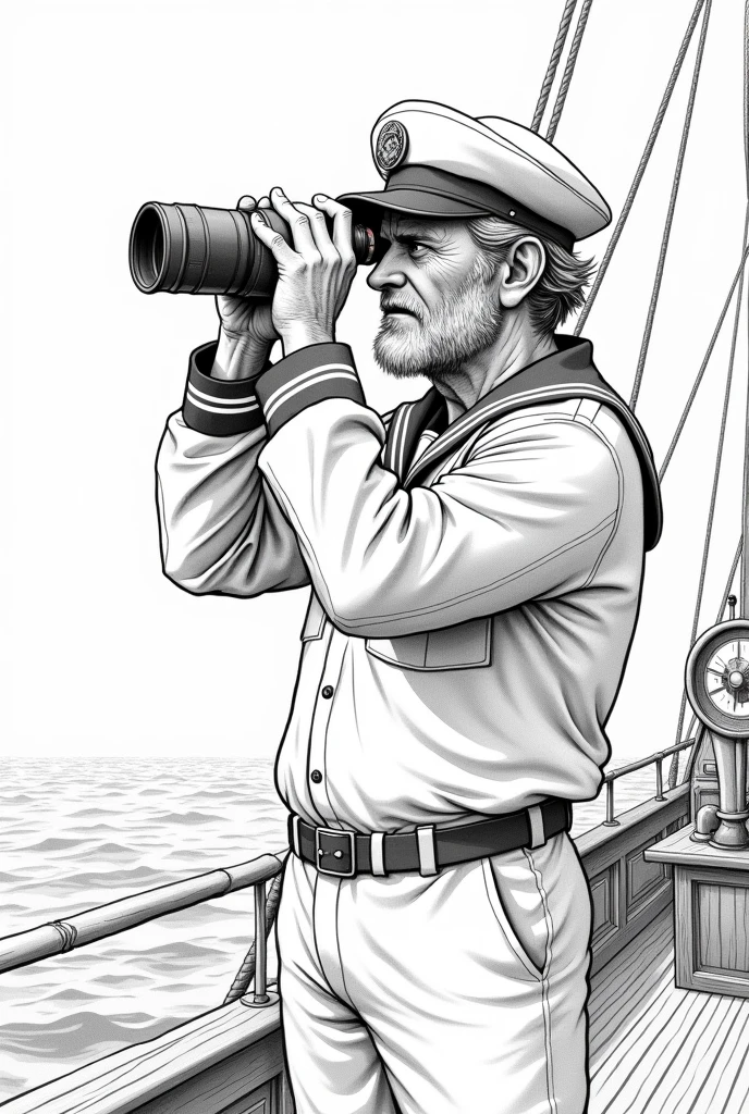 Create a hatch style drawing of a sailor using binoculars