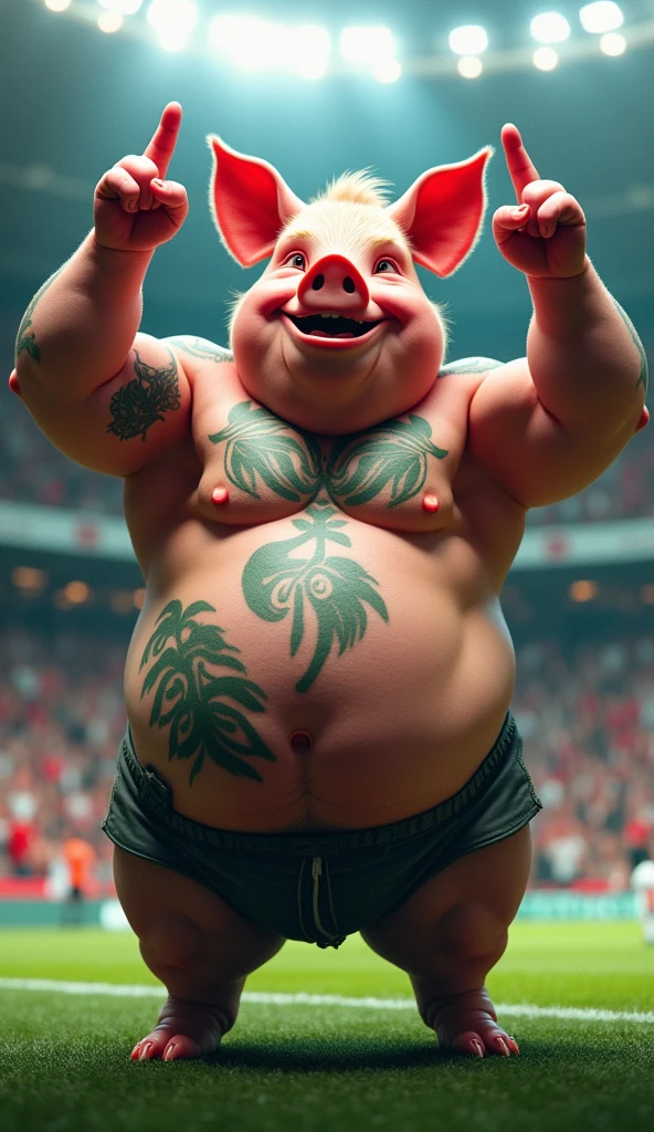 A muscular pig, well-defined gym belly, puffed out chest and shirtless, green rooster tattoo, crossing his arms above his head and pointing the middle finger of both hands, inside a soccer stadium