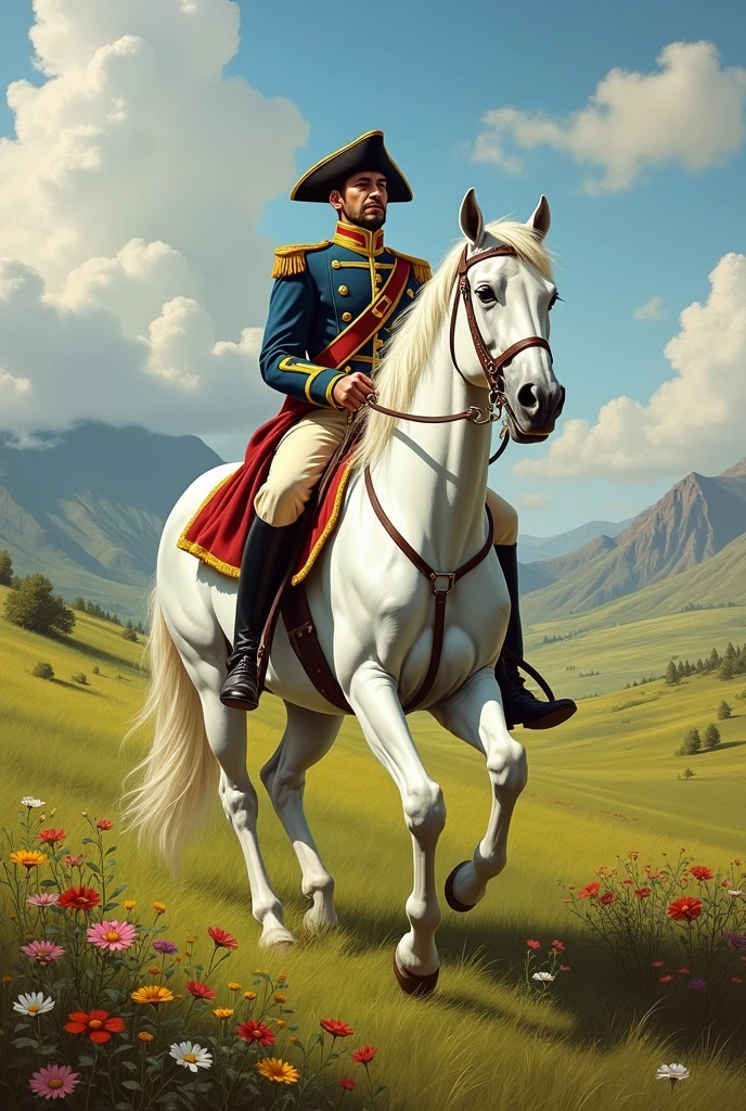 Simon Bolivar the Liberator of Colombia riding a white horse in a meadow in the countryside