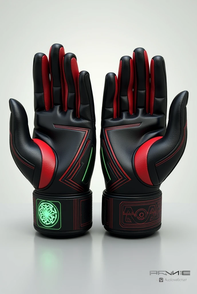 Prompt: Create an image of a pair of UFC gloves designed with the theme of the Omnitrix from the Ben 10 series. The gloves should be compact, sleek, and designed to fit comfortably on both hands. The main colors are black and red, with the black dominating the outer surface and the red accentuating certain features. The iconic Omnitrix symbol should be prominently displayed on the back of each glove, where the wrist meets the hand, glowing in a bright green. The gloves should have a futuristic yet functional design, with subtle patterns or lines inspired by the Omnitrix’s original design running along the knuckles and fingers. The palm side of the gloves should have a simple, smooth finish with a black color, while the inner lining may have hints of red. Ensure the gloves appear durable, with padding that suggests both protection and flexibility, suitable for mixed martial arts.