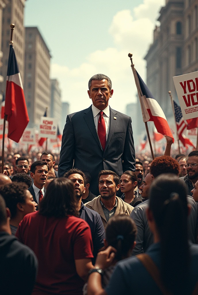President in the background and in front two groups of people fighting with signs for the president's reform