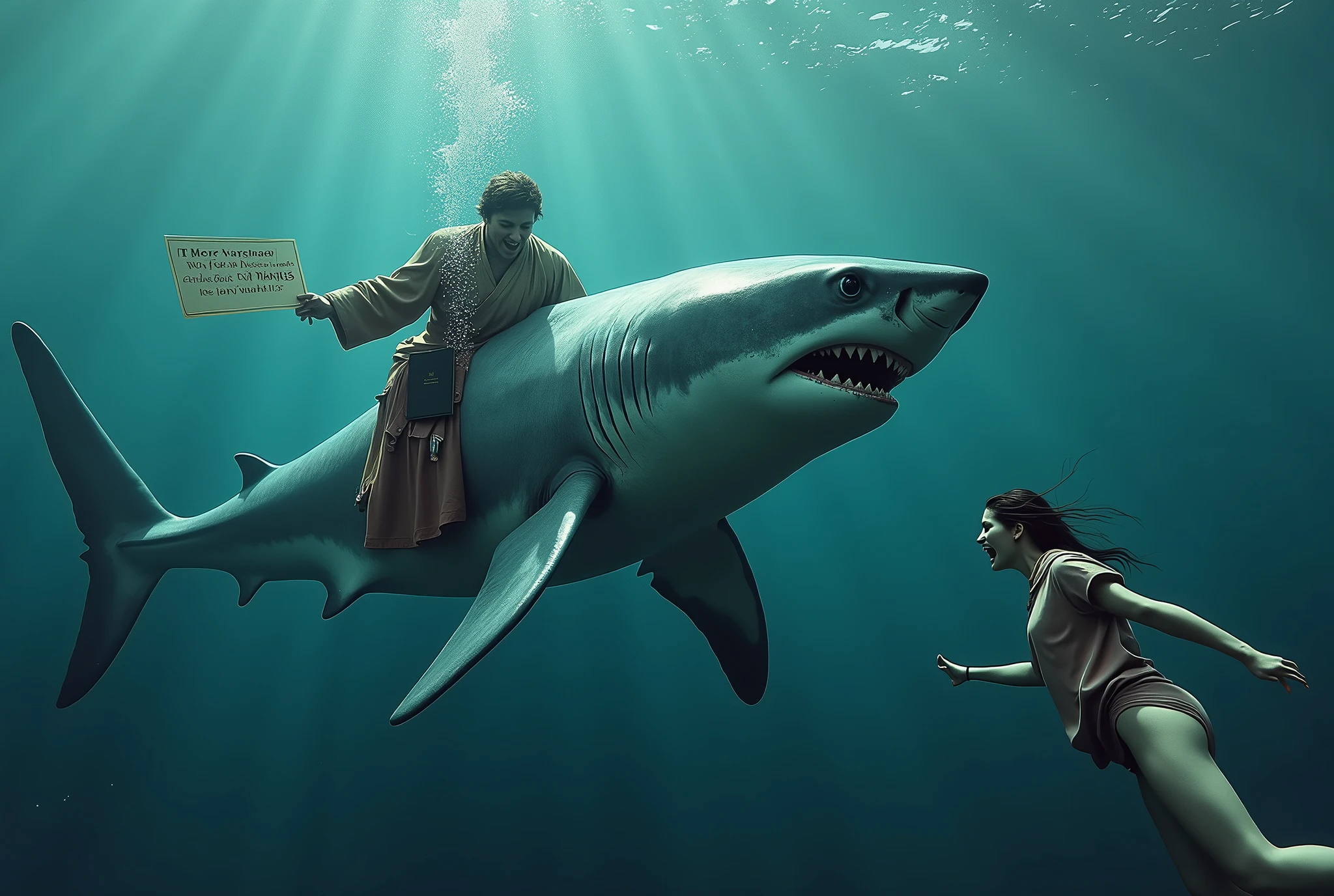 A great white shark furry (anthropomorphic animal, in some Mormon themed clothing) rushes up of a woman swimming and offers her religious pamphlets, while it holds a bible tucked in one fin and asks her in big clear letters 'Do you know Jesus' across the bottom of the screen, the shark is a Jehovah's witness surreal under water scene, panicked woman in swimsuit