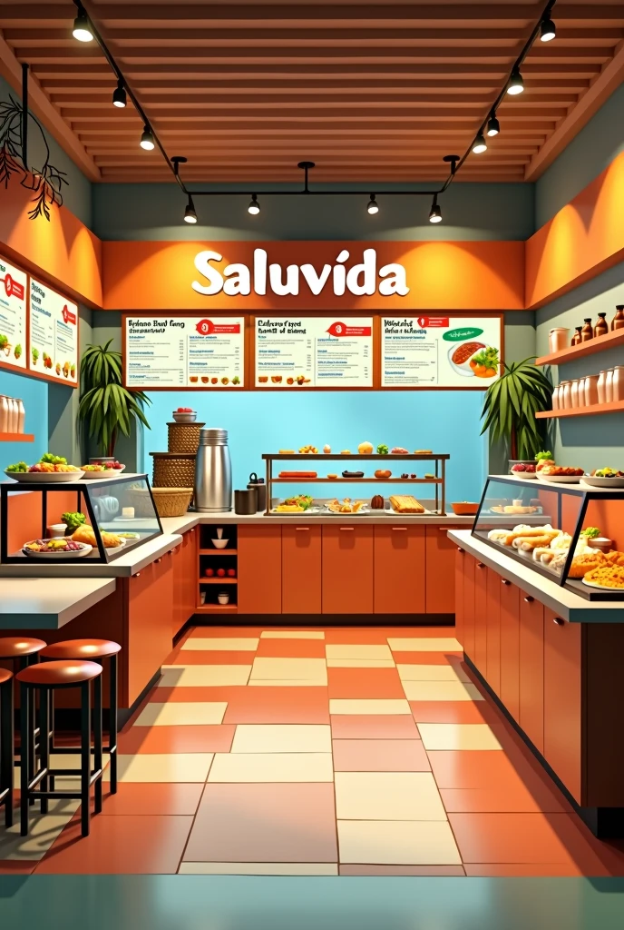 healthy cafeteria with the name SALUVIDA, with a family concept, clean, colorful, not very big, but with a cozy atmosphere,
Saludida is a cafeteria that offers healthy food, We have screens showing the menu, It is a place with pleasant lighting, Warm at night but clear during the day,