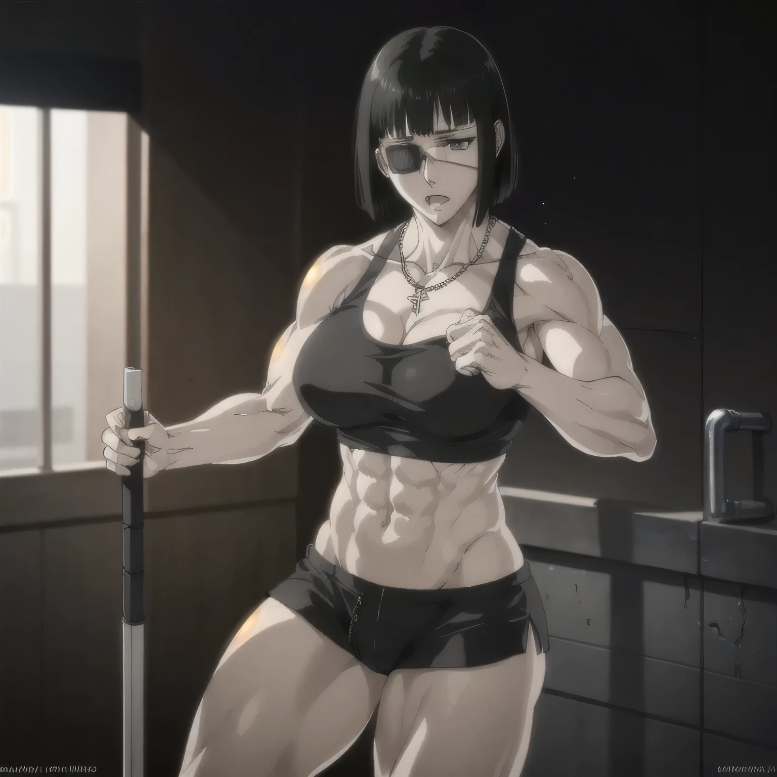 best quality,ultra-detailed,realistic:1.37),musclaur badass girl with sculpted body with preview her musclaur body and eight-pack, full review of the female character face and body, intense expression, strong and confident posture, studio lighting, vivid colors, physiologically-based rendering, grungy texture, rugged background, dust particles in the air, commanding presence, professional, powerful, gritty aesthetics,,Valmet،short hair,necklace,Light reflection on shoulders,clean muscles،wearing black sport shorts and blue gym tank top,tattoos on shoulders،muscles review( girl solo),eyepatch,Shining muscles,eyes detailing,fat free body,veins in muscles,penis growth inside shorts,Photo session,Matching remix,With both hands holding a metal rod, sexy muscles,Swelling between valmet legs,kicking