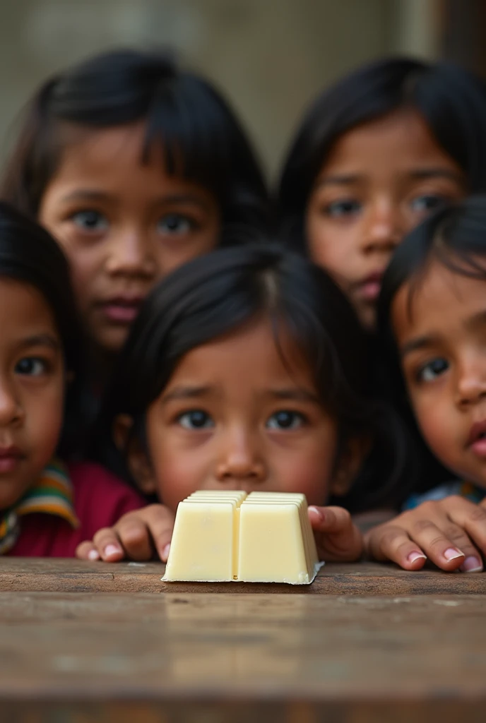Latin children from Guatemala admiring a single bar of white chocolate as if it were a great treasure, horizontal photography