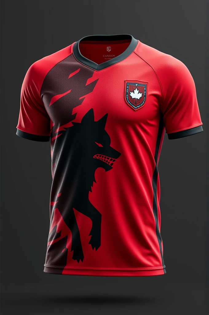 Canada soccer jersey red with black detail with a wolf on the side of the shirt