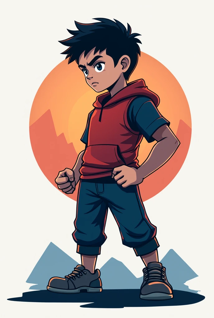 "Design a logo featuring a young, powerful boy standing confidently at the center. The boy should have a determined expression, with one fist clenched and the other hand resting on his hip. His stance should convey strength and independence, with feet firmly planted as if ready to take on the world alone. The background can be minimalistic, with a faint outline of mountains or a sunrise, symbolizing challenges and new beginnings. The colors should be bold and vibrant, with deep blues or reds to represent courage and resilience."