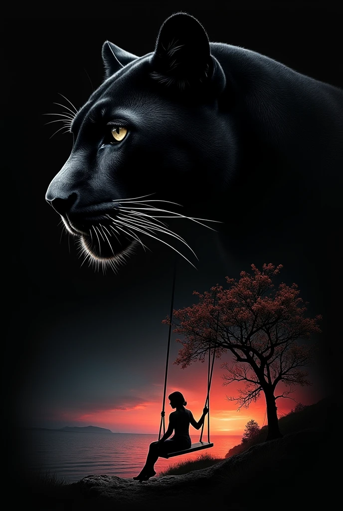 A black panther lying at the top of the photo with a black background making its face larger and at the bottom with a woman in the background sitting on a swing with the coast around a tree and a lake with reddish traces of spring from the coast to the image.