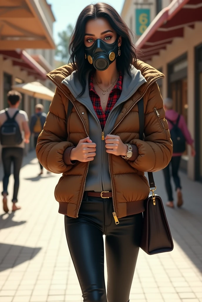 Full body misterious completely hidden face and mouth by rubber anti-gas mask with hose covering head, face, mouth and nose, white skin latin woman, 5'7" tall, medium lush black hair, deep green eyes, wearing zip up brown quilted down nylon jacket with golden buttons, closed zipped up gray hoodie jacket under nylon jacket, black bell bottom pants, rolled up sleeves, zipping up jacket, up collar, cleavage, red and black plaid formal button down blouse under hoodie jacket, happy smile, walking on shopping center, high hill sandals, summer sunny day, bag, watch and bracelet, neck chain, ear rings