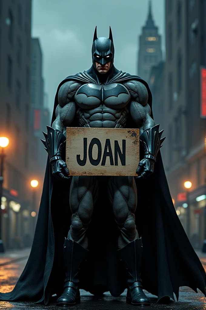 Batman with a sign says Joan
