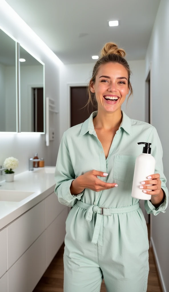smiling woman holding a bottle of shampoo