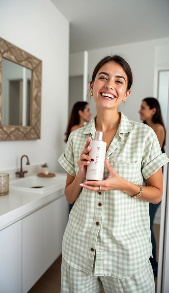 smiling woman holding a bottle of shampoo