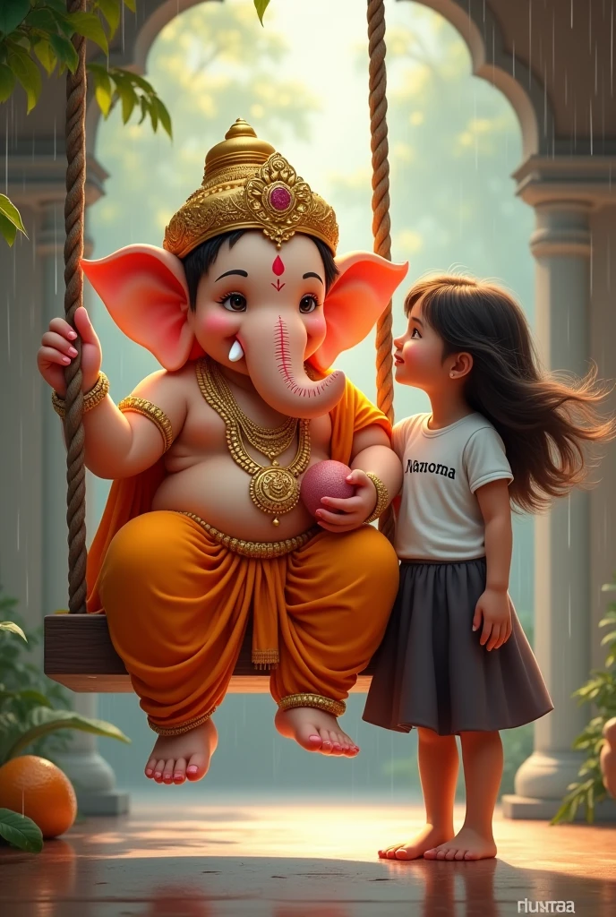 "A beautiful scene featuring Lord Ganesha sitting on a swing, depicted in a childlike form. He is holding a modak in one hand, adorned in traditional golden jewelry and an orange dhoti. Beside him stands a small Girl with Hipi brown hair, wearing a white T-shirt with the Name 'MANORMA' printed on it and dark Skirts. The boy gazes up at Lord Ganesha with curiosity and affection. The background shows a serene temple setting, with gentle rain falling, adding to the peaceful and heartwarming atmosphere."