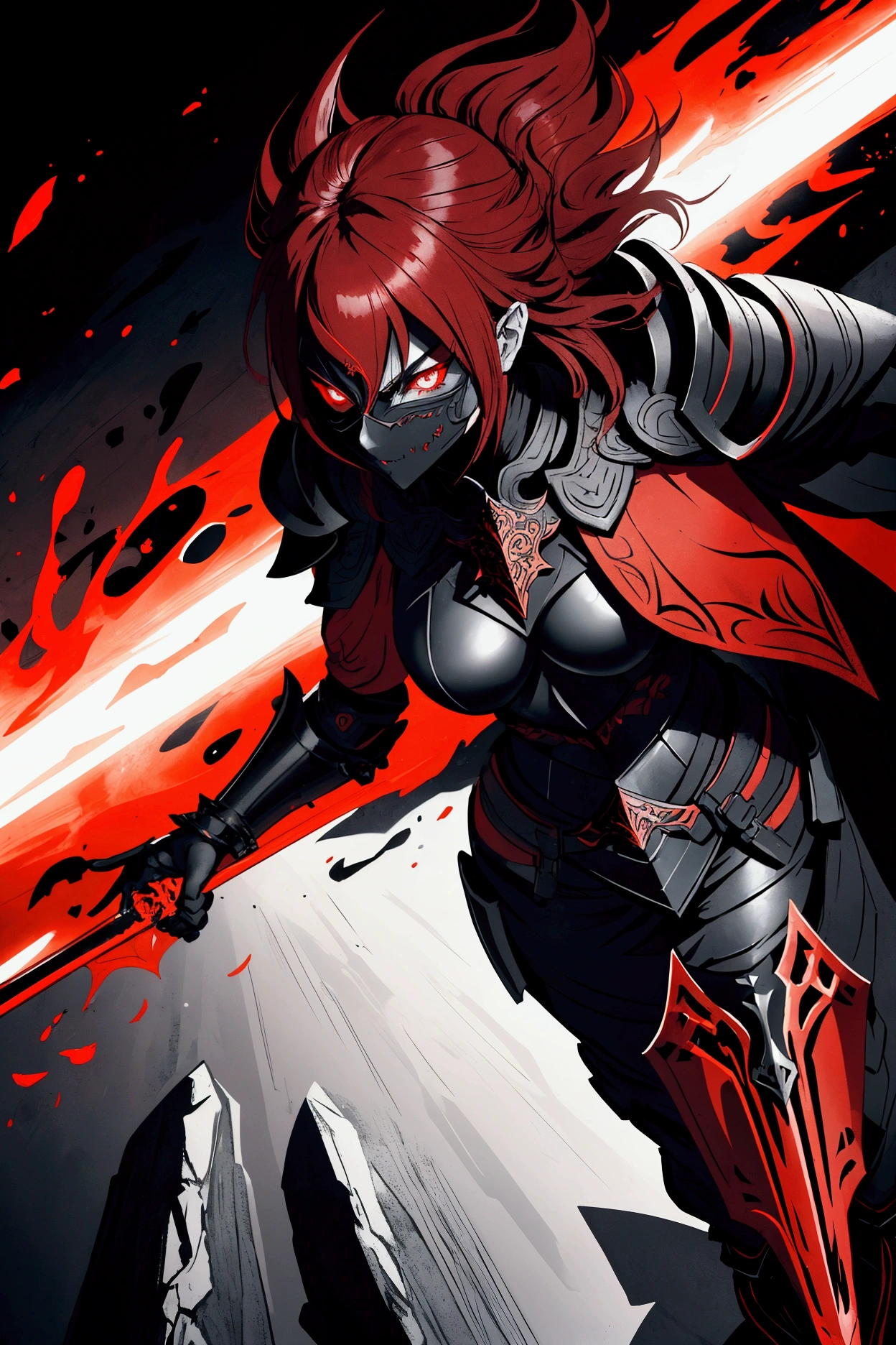a female figure in black armor, intricate and ornate. She wears a helmet that covers part of her face., leaving only his glowing red eyes showing, which gives it a mysterious and threatening appearance. Dark red hair flows out of the helmet, complementing the red tone that permeates the background of the image. The character is holding a long, shiny sword., dyed with an intense red color, which reinforces the feeling of power and violence. The background is abstract, with shades of red and black mixing in a dark and chaotic atmosphere, suggesting a battle environment or a world in flames. The art has a painted style, with loose brushstrokes that create a sense of movement and energy. The overall look of the character and composition suggests a powerful warrior., possibly a knight or warrior of darkness, in a dark fantasy setting.