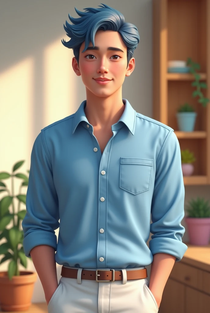 20 year old boy, with blue and white clothes, handsome, friendly, pleasant, with US features