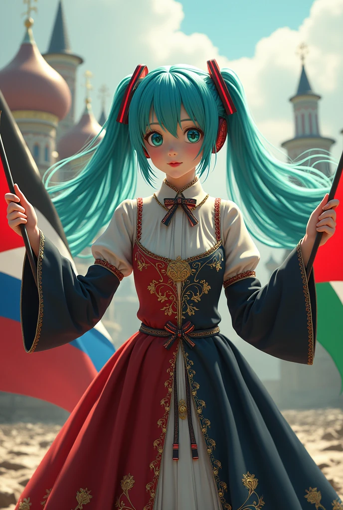 Hatsune Miku wearing traditional Russian clothing while holding a Russian flag in her left hand and a Palestinian flag on her right hand.