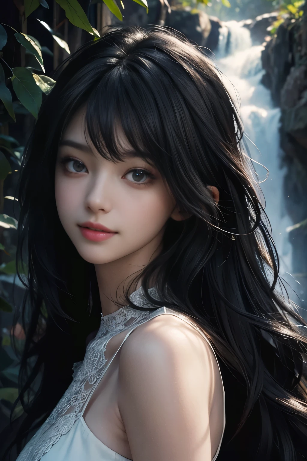 (ultra realistic) , (illustration), (increase resolution), (8K), (extremely detailed), (best illustration), (beautiful detailed eyes), (best quality), (ultra-detailed), (masterpiece), (wallpaper), (detailed face), 1 girl, black straight hair, slender body, delicate details, in the dark, deep shadow, low key, pureerosfaceace_v1, happy smile, summer dress, waterfall, rainforest