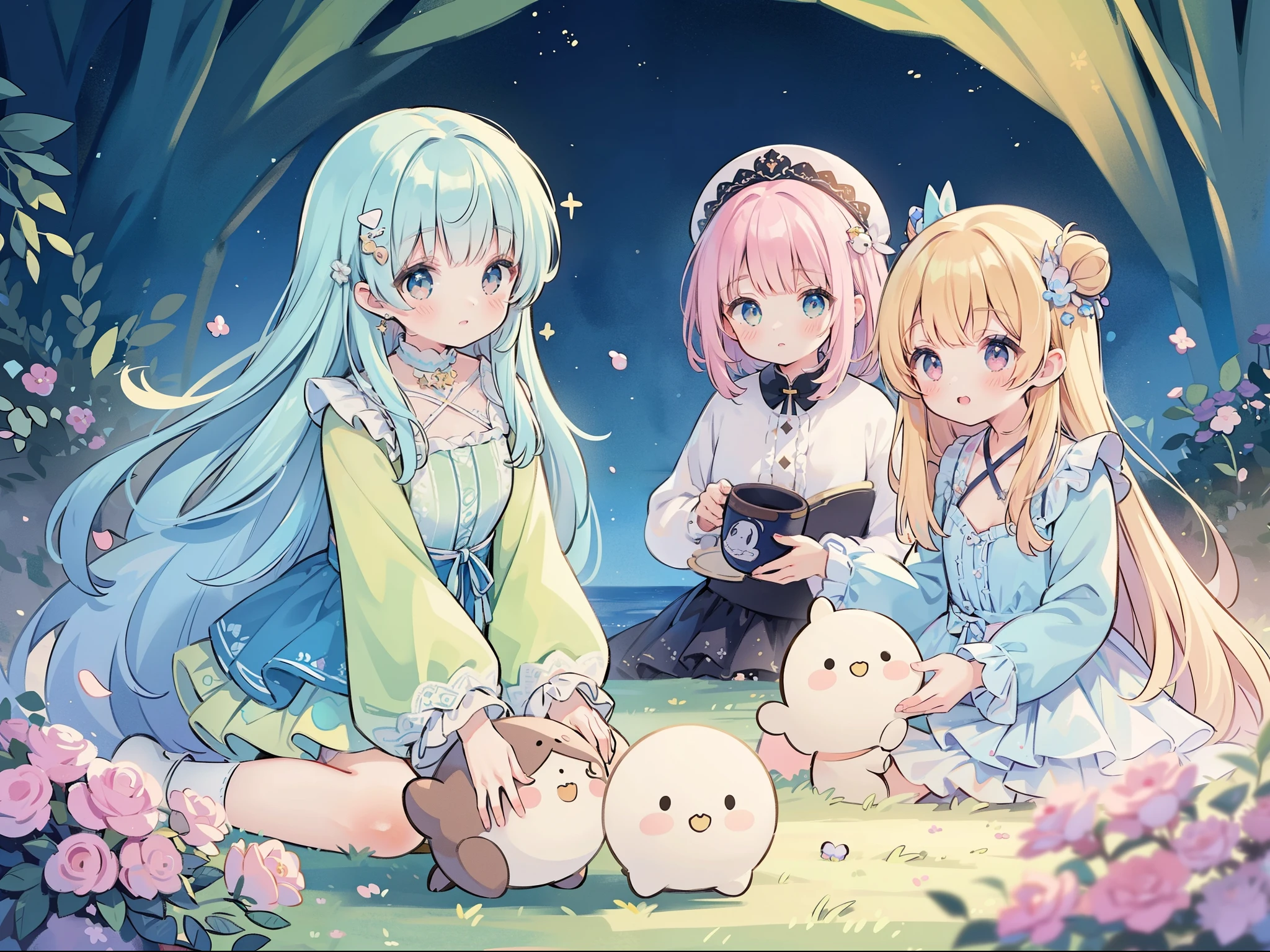 masterpiece, best quality, 8k resolution, sharp focus, intricate detail, beautiful 3girls, sparkling eyes, golden ratio face, otherworldly liquid, watercolor, pastel colors, bright colors, whimsical, colorful, sharp focus, high resolution, fine detail, ((layered tiered puffy long sleeves ballgown)), ((round eyes)), iridescent bubbles, fantasia background