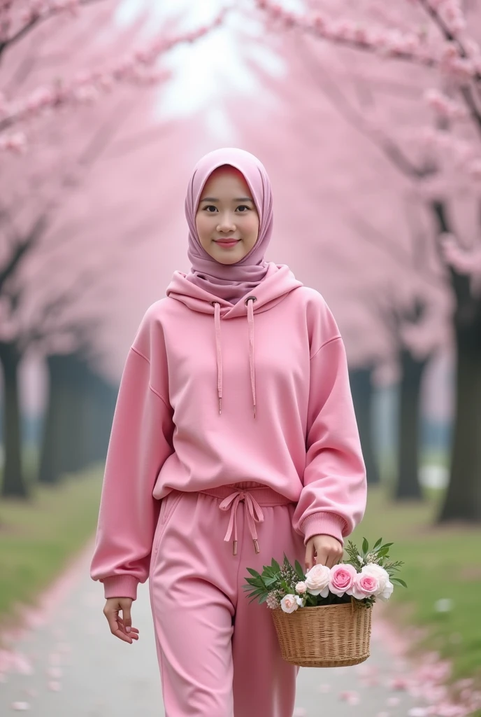 The view is simply amazing,under the flowers, sakura, the beautiful one, a beautiful korean woman, smooth white skin, well-groomed face, wearing pink hijab, wearing a pink balloon sleeve hoodie, trousers, kargo pink, while holding a flower basket containing cherry blossoms, walking gracefully,Woodland,looking in front of the camera under the blooming cherry blossoms.some flowers fall, left and right of the road are cherry blossom trees in full bloom,and beautiful. The cherry blossom tree looks realistic in the photo. Cherry blossom tree background,Realistic original photo.