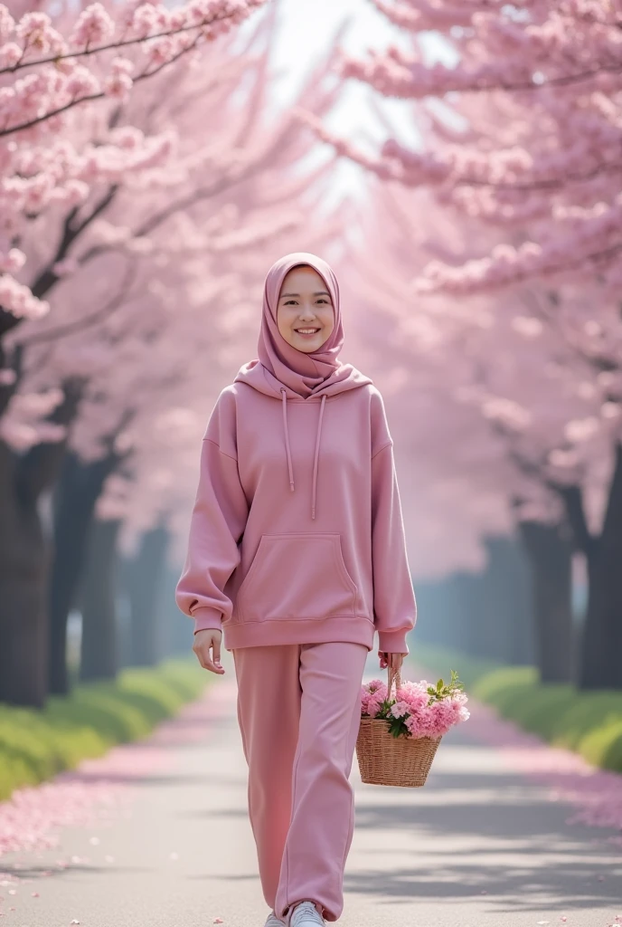 The view is simply amazing,under the flowers, sakura, the beautiful one, a beautiful korean woman, smooth white skin, well-groomed face, wearing pink hijab, wearing a pink balloon sleeve hoodie, trousers, kargo pink, while holding a flower basket containing cherry blossoms, walking gracefully,Woodland,looking in front of the camera under the blooming cherry blossoms.some flowers fall, left and right of the road are cherry blossom trees in full bloom,and beautiful. The cherry blossom tree looks realistic in the photo. Cherry blossom tree background,Realistic original photo.