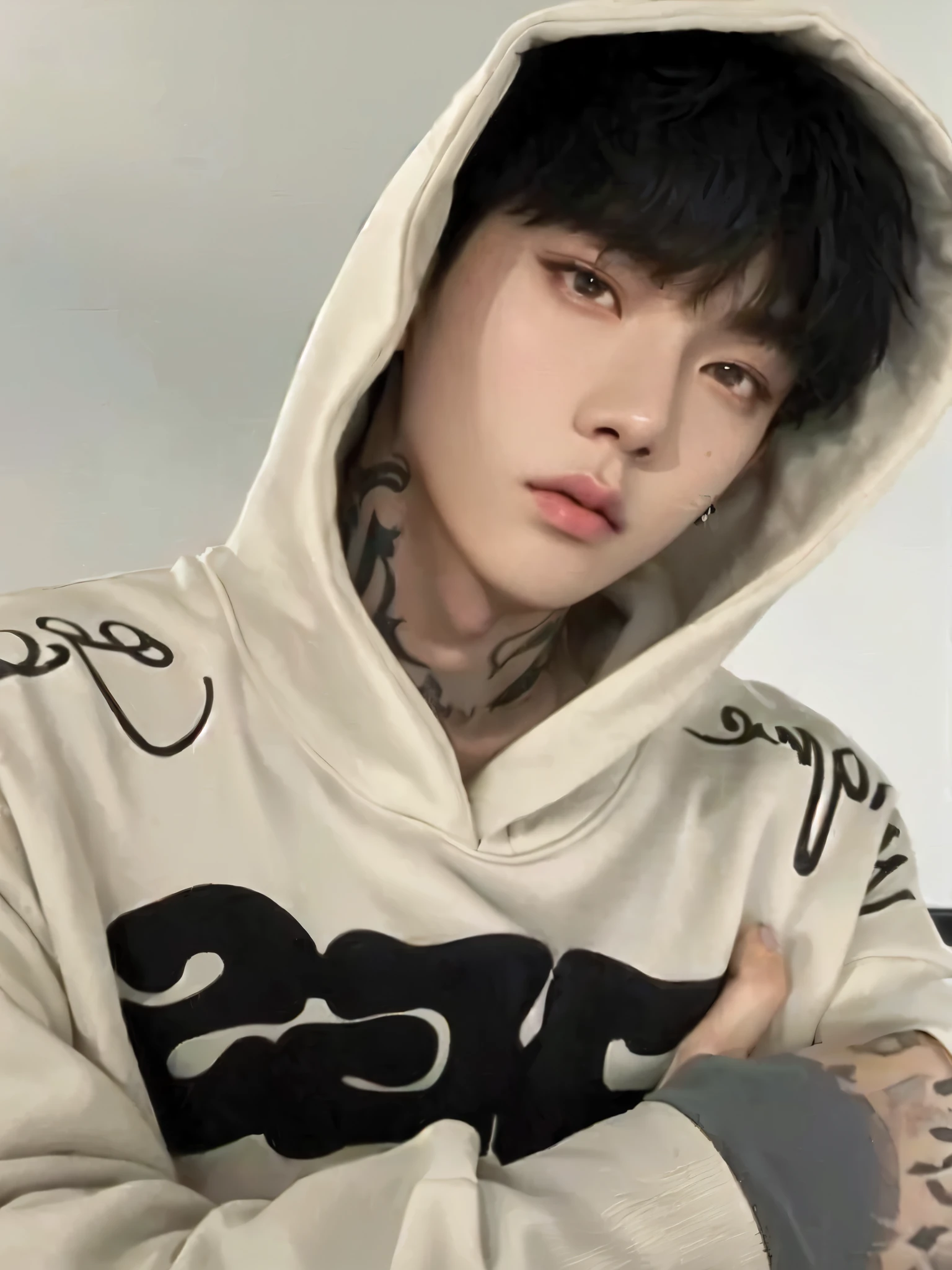 a close up of a person wearing a hoodie with a tattoo on his arm, male ulzzang, jungkook, cai xukun, kim doyoung, 1  boy thin face, jinyoung shin, ulzzang, wan adorable korean face, inspired by Bian Shoumin, kanliu666, south korean male, handsome japanese demon boy
