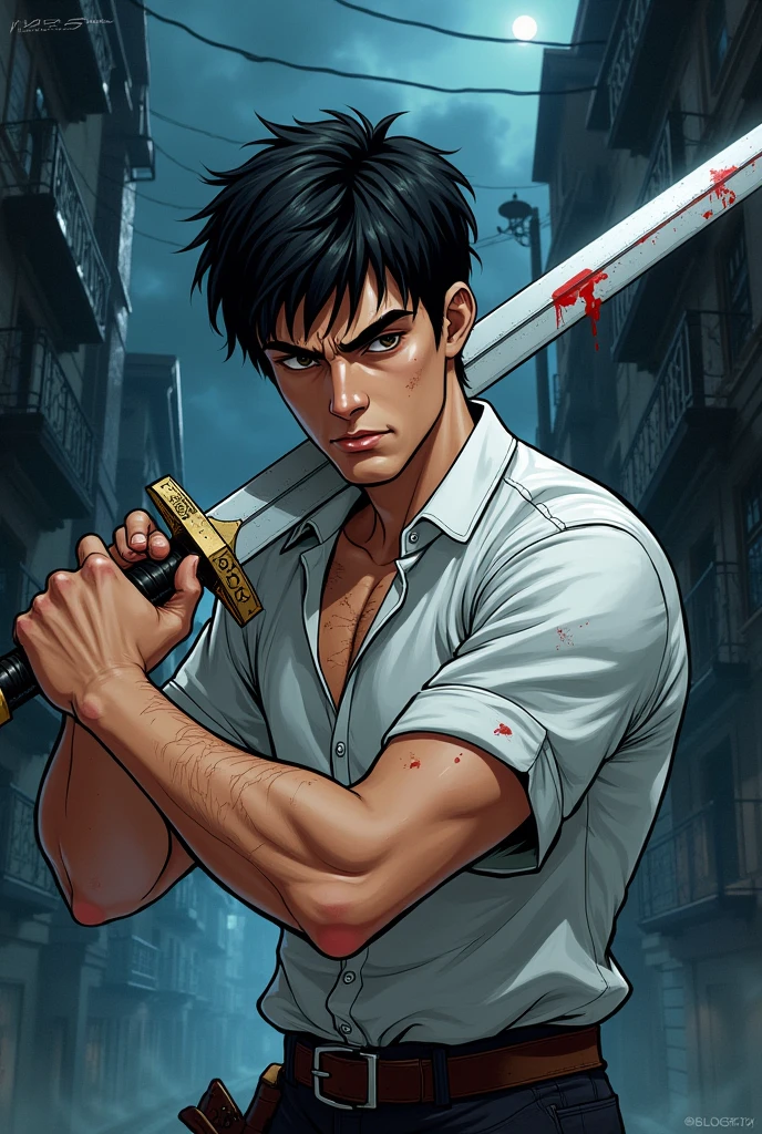 creates a young man who has a blood sword comic book style image with his entire body bruised with a spot of blood on his white shirt the background is Stormy Night in an alley of a city