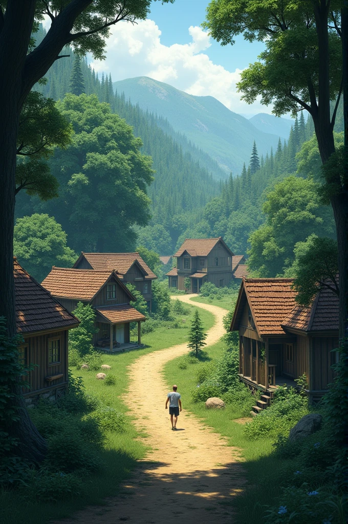 make a picture of a road, with a first-person view, as if it were the vision of some villager within the village, a view from inside the village, as if walking between the houses, the village has few houses, because it is a small village, and also this small village is surrounded with a forest,that is, there are a lot of trees around the village. The village is located right in the middle of a forest