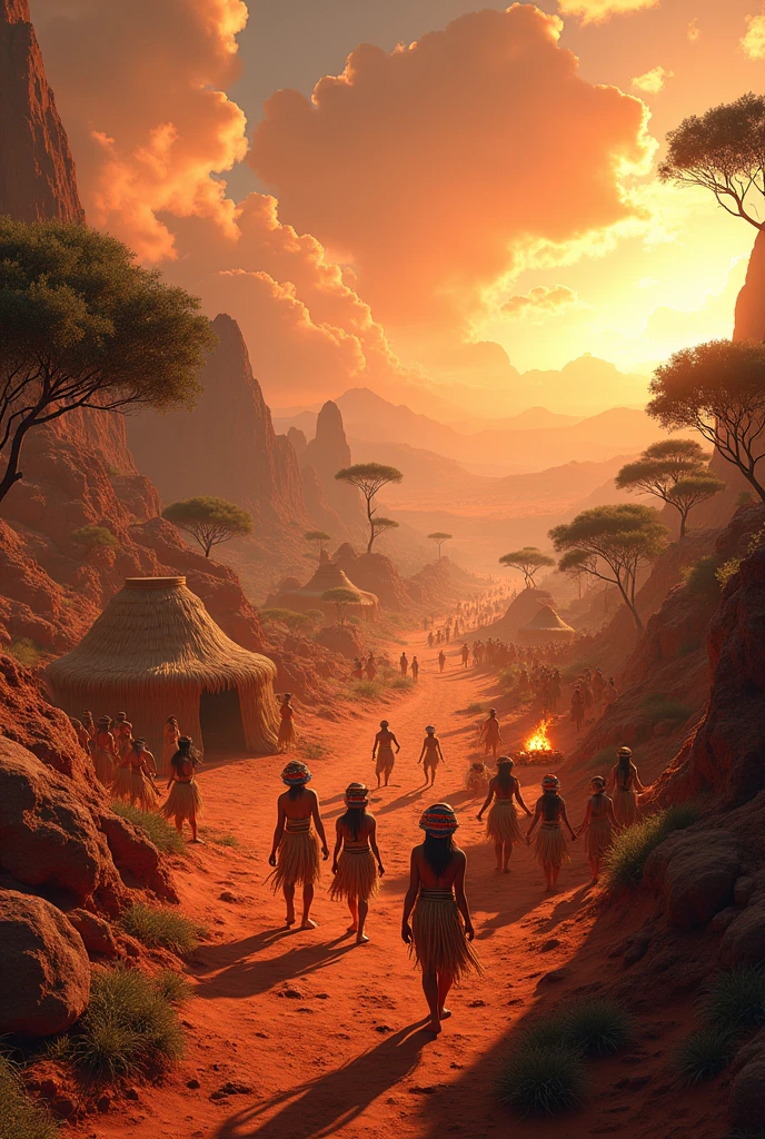 scenario with many indigenous people on Mars , and several villages made of hollow , e várivers indígenas dançando em círculos e muitas músicas, rivers, auspicious clouds, sunshine light, Trees,animals , camp fire , Indians dressed in straw clothes and painted faces , ultra HD, high qualiy, extremely detaild, offcial art, super detaill, 32k - v.6