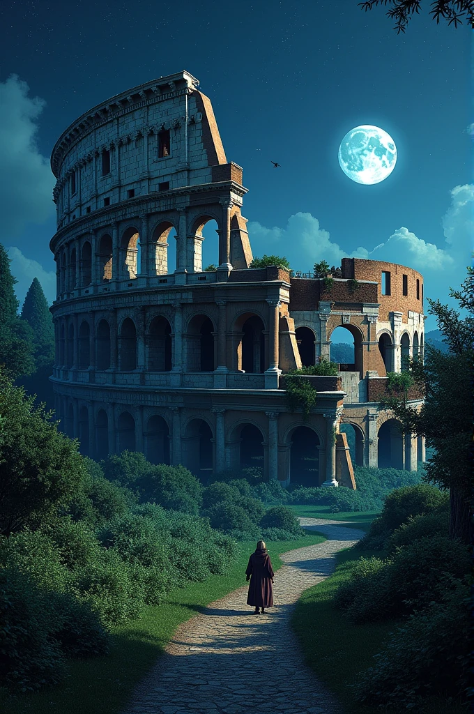 The Colosseum at Night, in Ruins:"The Roman Colosseum at night, now in ruins, under a starry sky. The ancient structure is partially collapsed, with overgrown vines and plants taking over the stones, symbolizing the passage of time and the fall of the Roman Empire."