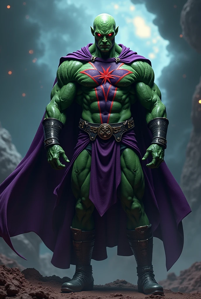 A muscular alien man, green skin, red glowing eyes, dark violet costume with red lines, cross harness, asterisk emblem, armor loincloth, pants, boots, flowing cape, space background, highly detailed, 8k, cinematic lighting, dark sci-fi, dramatic pose, hyper realistic, digital art, concept art