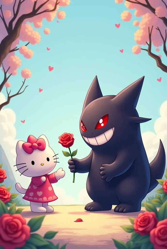 Hello Kitty receives a rose from Gengar 
