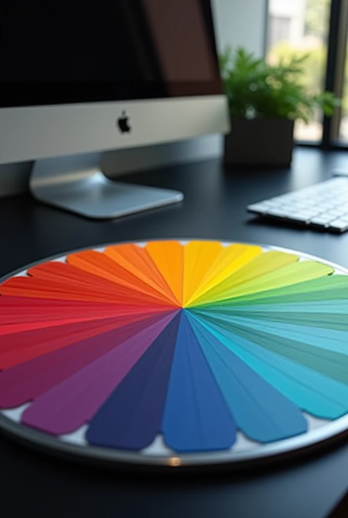 Generate a color wheel photo of color palette on a black minimalist table background , with a computer