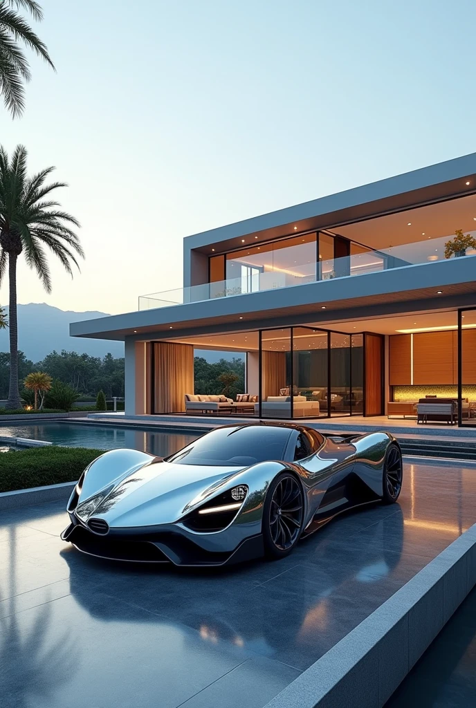 Futuristic supercar in front of futuristic mansion