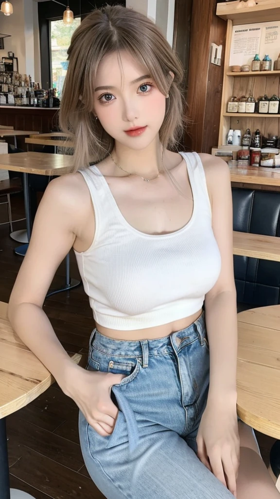 （realistically， Une haute résolution：1.3）， 1 fille avec un corps parfait， Visage et yeux super fins，cheveux longs et blancs， Random Color Tank Top：1.2， pantalon en jean court， in a coffee shop， Du vin rouge sur la table， Huge tit，