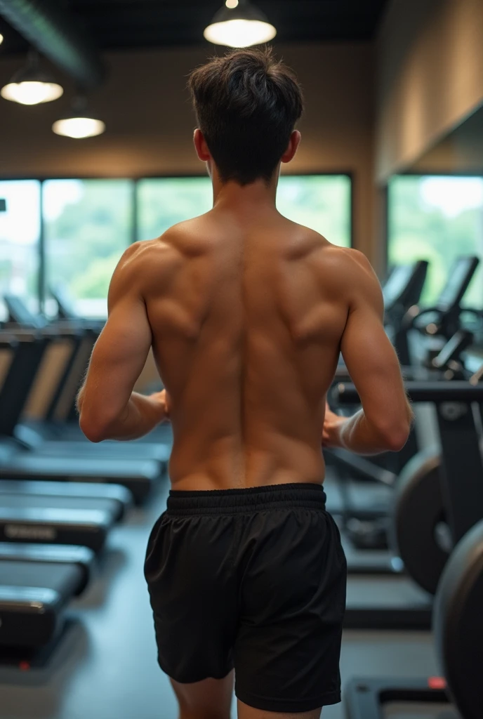 1boy、Photo Quality、Cute handsome man、Mash Hair、Japanese male, 、Completely naked、Full nudity、erection、Huge penis、Highest quality、Realistic、beautiful、Gym、Rear view of running on a treadmill、Completely naked