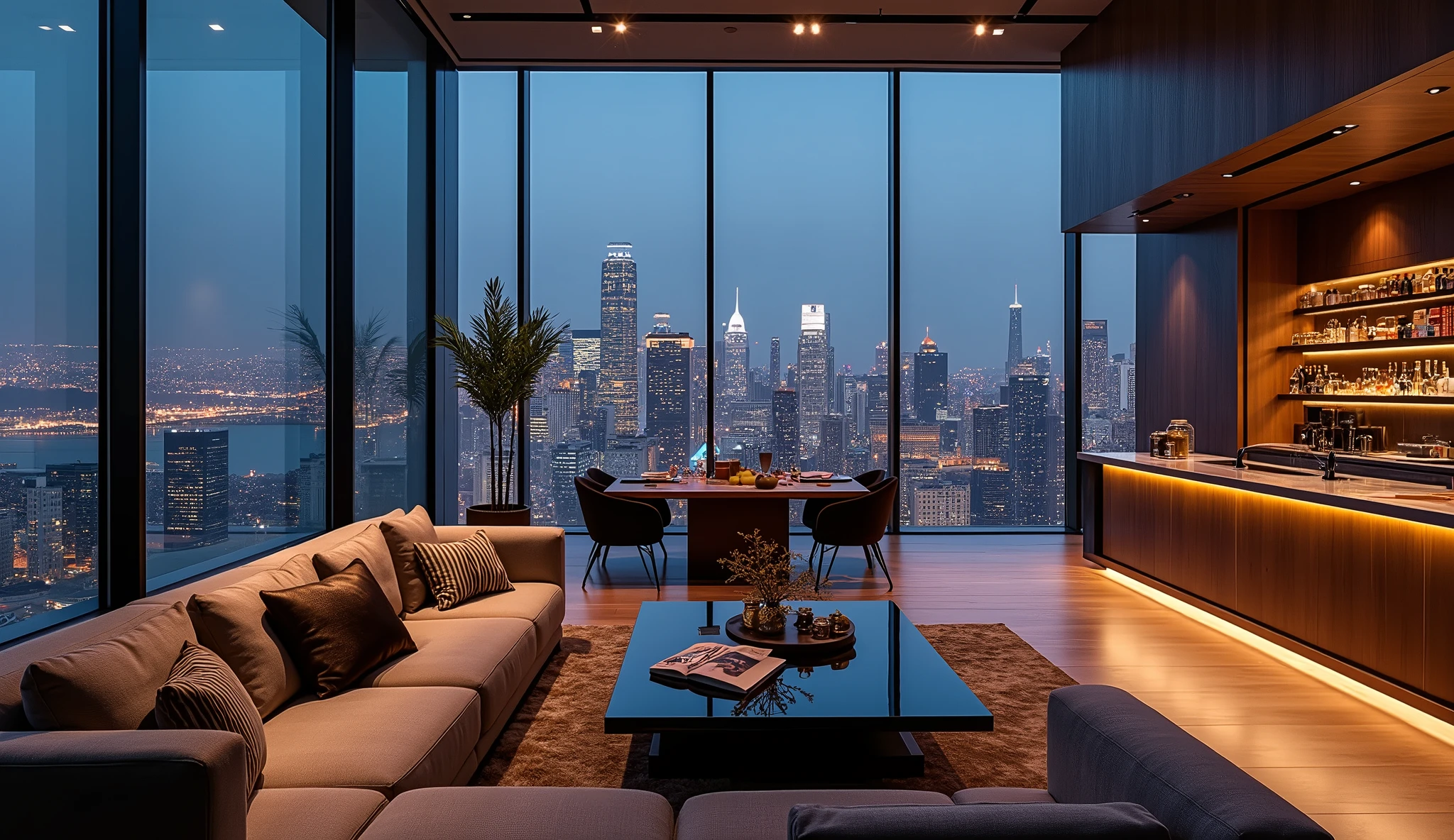 Penthouse with Panoramic City View. A big one, Unobstructed large floor-to-ceiling windows with night view,This apartment is very exquisite, Industrial and modern design. Your room is spacious, There is a large coffee bar,Making coffee. Despite the elegant space, There are also personal elements such as travel photos, There were books on the table
