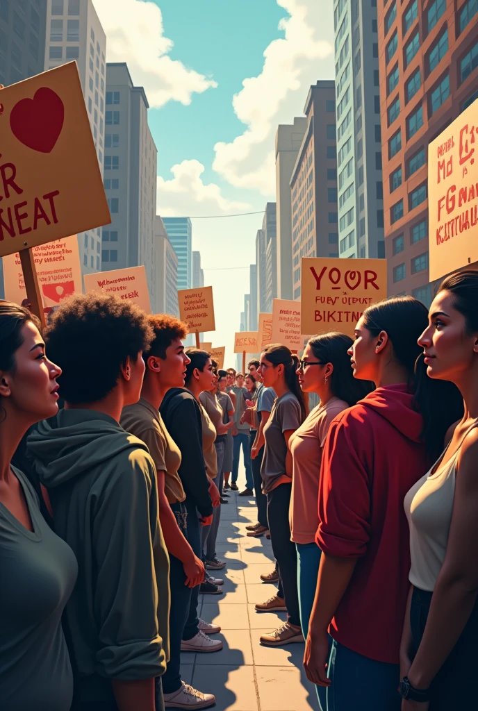 Two groups of people fighting with signs