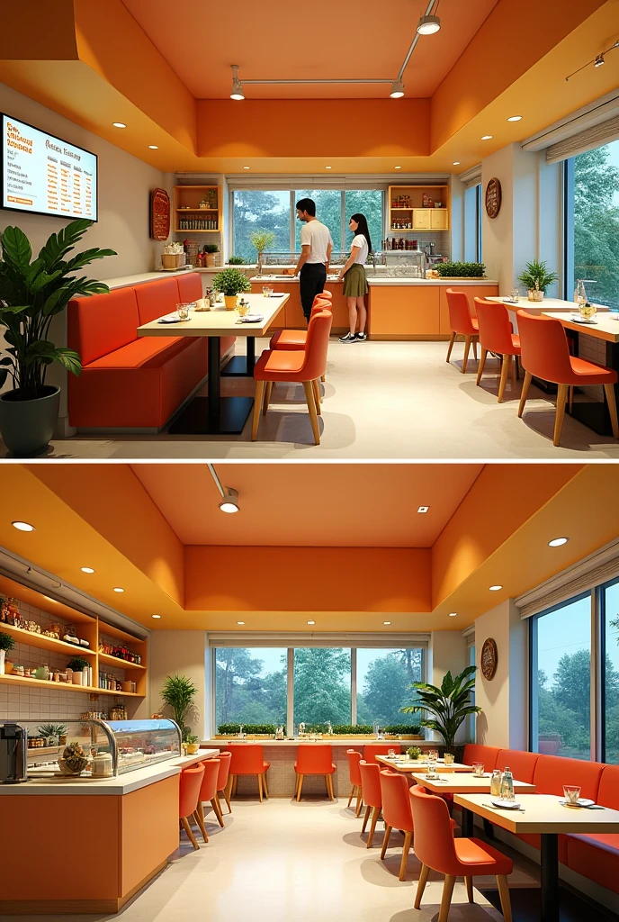 healthy cafeteria with the name SALUVIDA, with a family concept, clean, colorful, not very big, but with a cozy atmosphere,
Saludida is a cafeteria that offers healthy food, We have screens showing the menu, It is a place with pleasant lighting, Warm at night but clear during the day, 2 images from different angles
