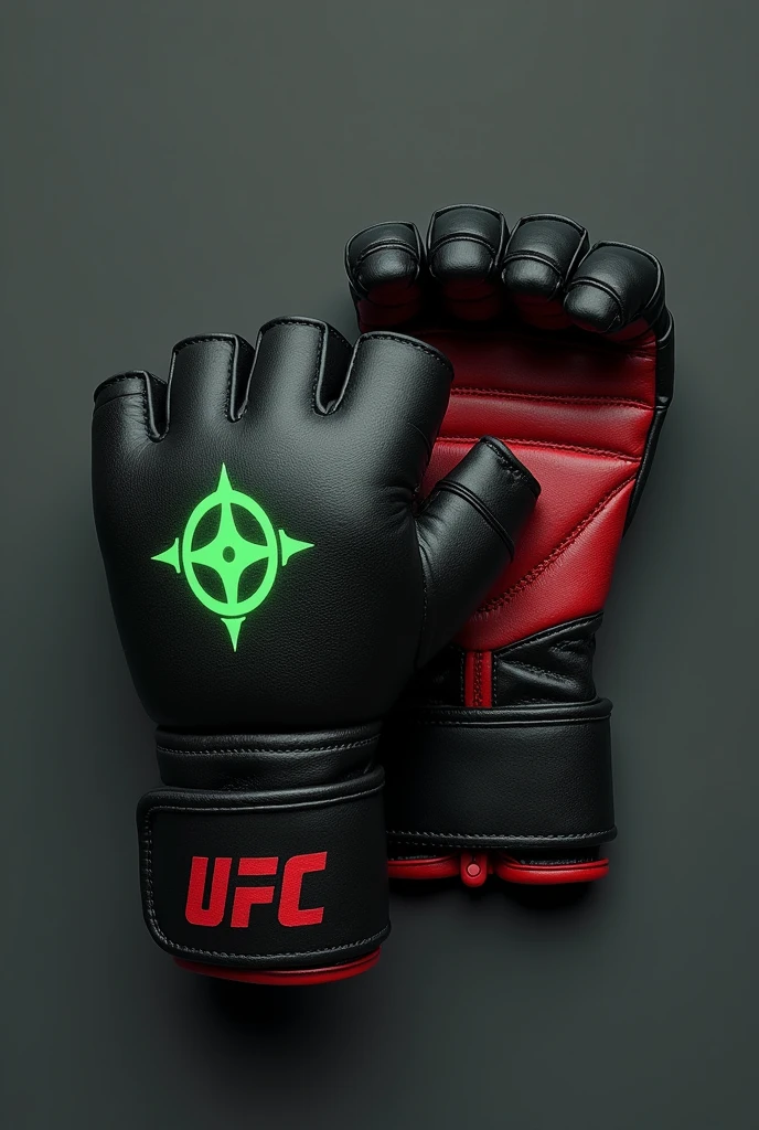 Prompt: Create an image of a pair of UFC gloves designed with the theme of the Omnitrix from the Ben 10 series. The gloves should be compact, sleek, and designed to fit comfortably on both hands. The main colors are black and red, with the black dominating the outer surface and the red accentuating certain features. The iconic Omnitrix symbol should be prominently displayed on the back of each glove, where the wrist meets the hand, glowing in a bright green. The gloves should have a futuristic yet functional design, with subtle patterns or lines inspired by the Omnitrix’s original design running along the knuckles and fingers. The palm side of the gloves should have a simple, smooth finish with a black color, while the inner lining may have hints of red. Ensure the gloves appear durable, with padding that suggests both protection and flexibility, suitable for mixed martial arts.