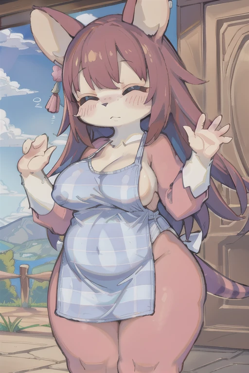 1girl, furry female, cowboy shot, Mabel_(AC), blue fur, blush stickers, eyebrows, striped tail, closed eyes, plaid apron, snout, chubby, smile, barefoot, dynamic pose, waving, hinterland, clothes store, clothes, fabric, detailed bACkground:1.1
((((Super Breasts))))((((Excited expression))))((((areola))))((((Nipples))))((((マンコ))))((((マスターベーション))))