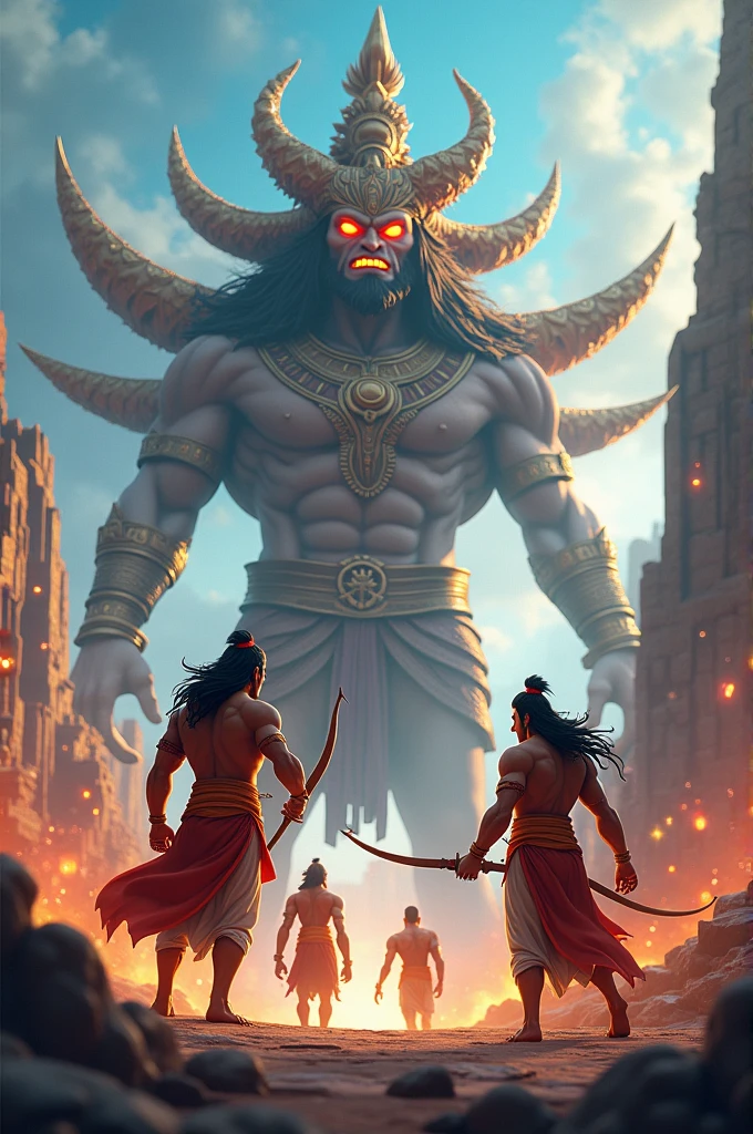 In cinematic 3d cartoon style"In the background, depict a grand scene of Lord Ram, along with his brother Lakshman and the devoted Hanuman, fighting against the demon king Ravan. Ravan should have multiple heads and a menacing appearance, while Ram is depicted with a bow and arrow, ready to strike"