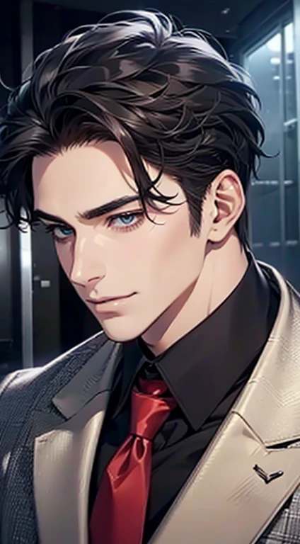 (Highest quality,4K,8K,High resolution,masterpiece:1.2),Super detailed,(Realistic,photoRealistic,photo-Realistic:1.37),1 personld,Mature Man,Beautiful skin、Profile、very handsome,Expressionless,smile,Short gray black hair,blue eyes,Sharp Eyes,A perfect face without a doubt,Businessman,Office Background,Cinema Lighting,HDR image,tie.
