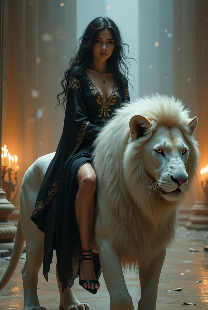 beautiful female hindu goddess, long black hair, intricate white and Golden outfit, standing next to two large white lions, holding trishul, (best quality,4k,8k,highres,masterpiece:1.2),ultra-detailed,(realistic,photorealistic,photo-realistic:1.37),extremely detailed face and eyes,beautiful detailed lips,extremely detailed and intricate jewelry and clothing,detailed fur on the lions,vibrant colors,dramatic lighting,ornate and elaborate background