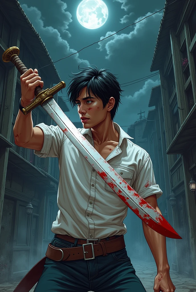 creates a young man who has a blood sword comic book style image with his entire body bruised with a spot of blood on his white shirt the background is Stormy Night in an alley of a city