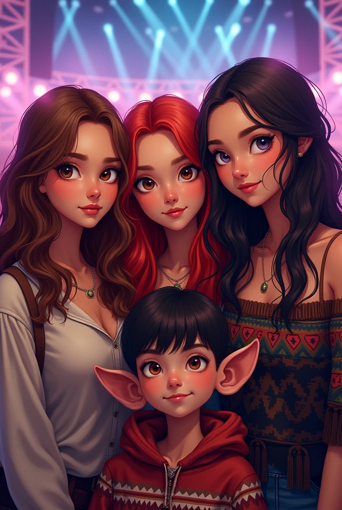 I drew a group of 4 friends: 3 beautiful girls a brunette with long brown curly hair, another white brunette with straight red hair/cherry and another brunette with straight brown hair and an ugly short big-eared boy with an Indian poncho enjoying a Kevin AMF concert