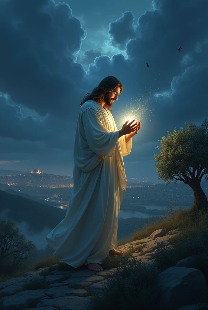 Generate an animated image of Jesus on the Mount of Olives  