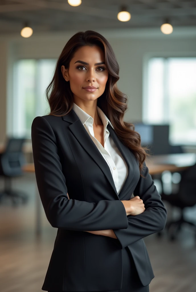 A business woman brunette, middle class, presenting facing the camera, formal lady suit for promotional announcement, , dark-skinned complexion, mexican face, pointing at something to the right
