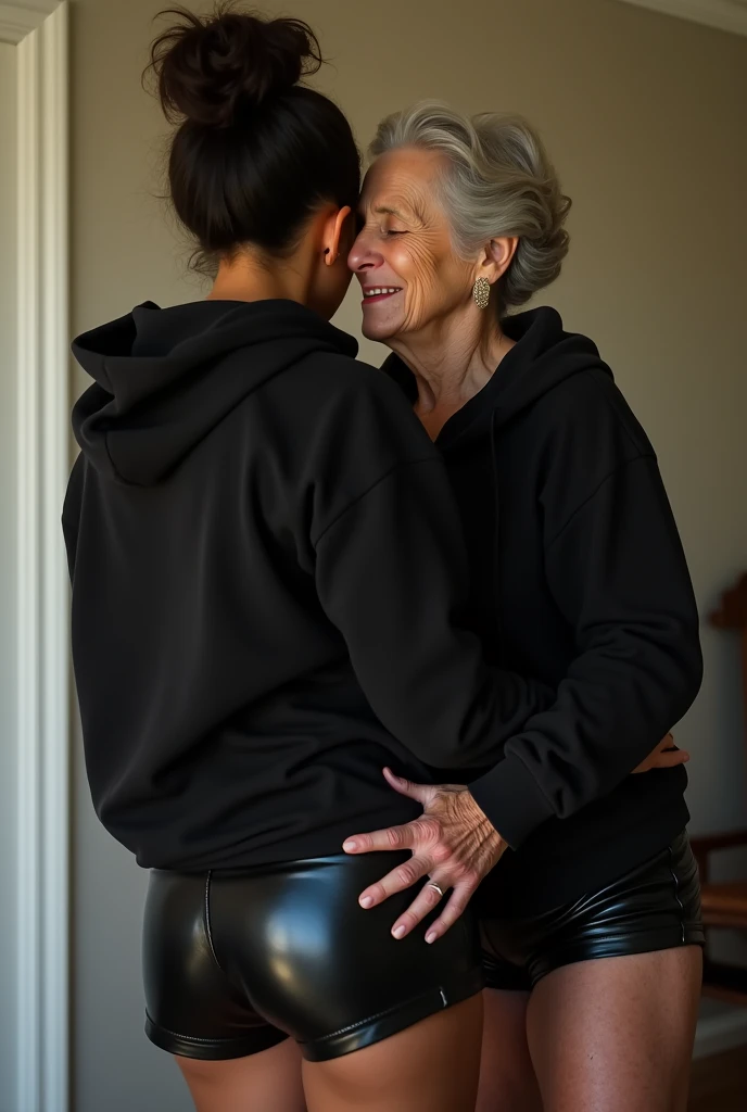 black woman hair in a bun black hoodie black leather short shorts being fucked in the ass by a old grandma in a dress
