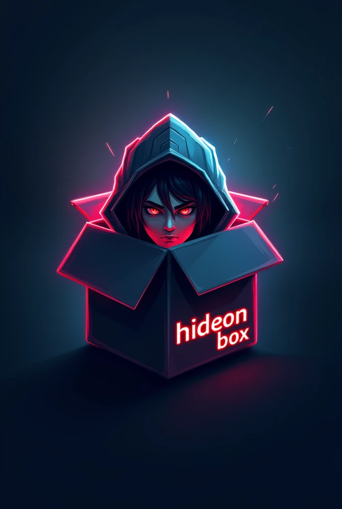 Logo, gamers, hide on box, text front so well “HideOnBox”, ผมสีดำ, ฮู้ด, head knight,แฉกแสง, ศิลปะเชิงแนวคิด,